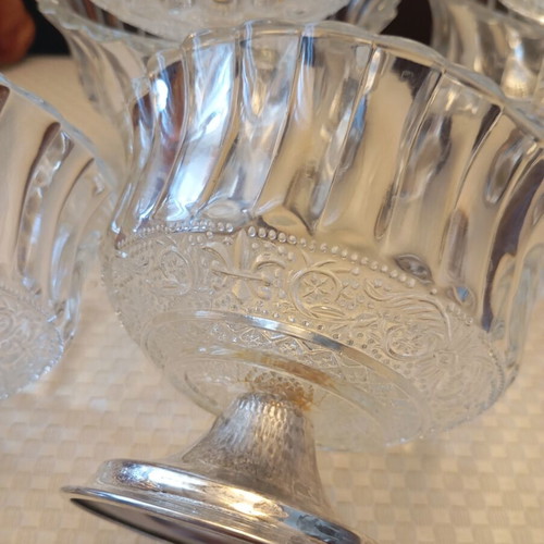 Vintage set of 6 dessert bowls like new, glass with silver base