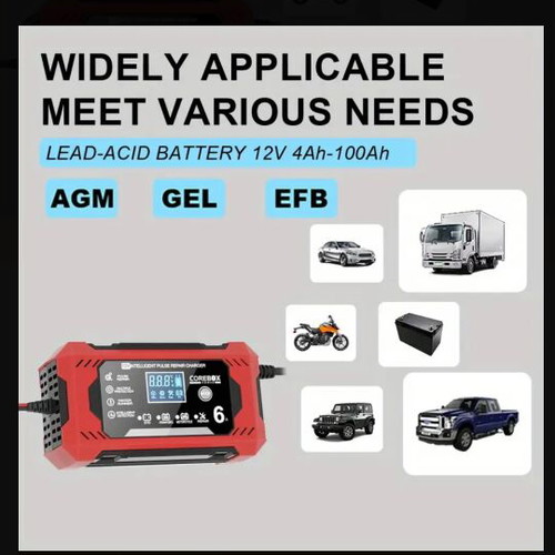 Battery charger 12V 6A with LCD screen and repair technology, new