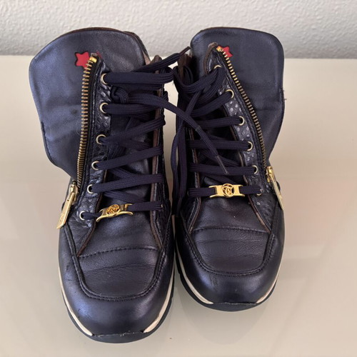 Toutounis women's leather sneakers size 38 blue metallic with gold details like new