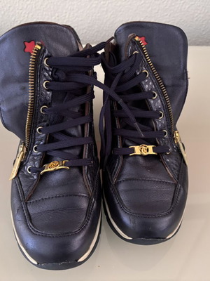 Toutounis women's leather sneakers size 38 blue metallic with gold details like new