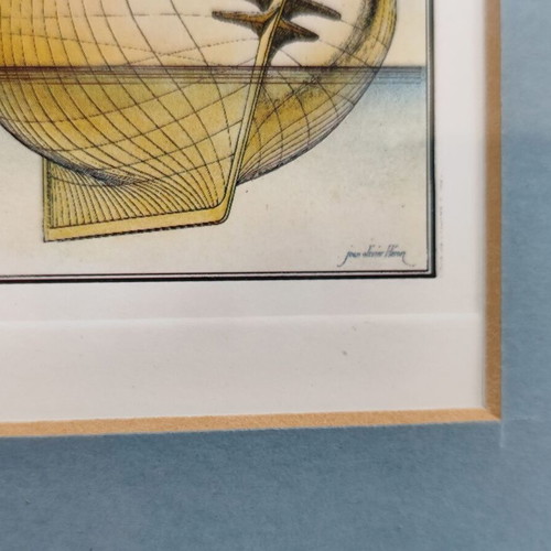 Vintage print in frame Jean Olivier Heron "How Boats Are Born" used