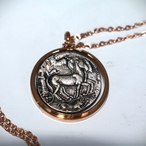 Ancient silver-plated coin pendant - replica - Arethusa, glass case necklace pendant 22K gold-plated