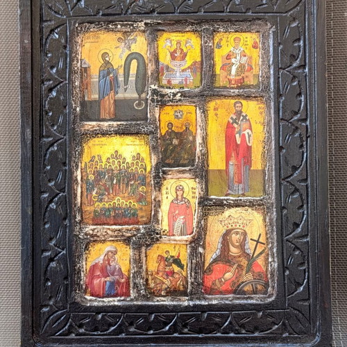Vintage religious icon composition on carved wood, 33x26 cm