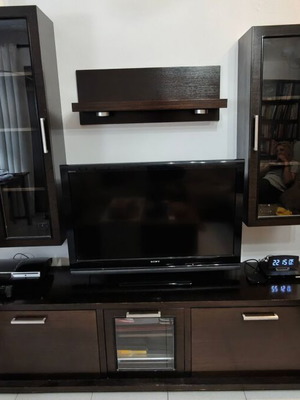 Living room unit used with lower cabinet, wall columns, and shelves