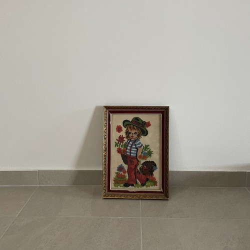 Vintage framed handmade gobelin embroidery with child and dog used
