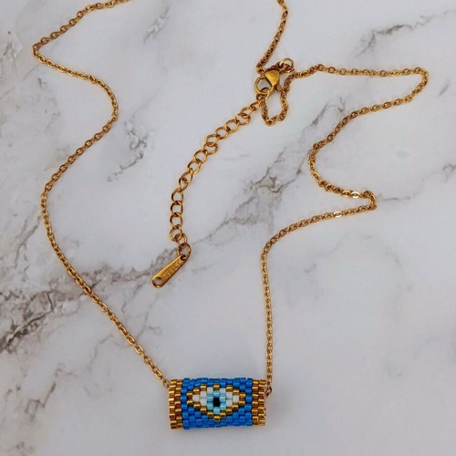 Handmade Miyuki evil eye necklace with gold-plated steel chain