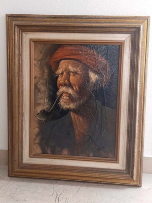 Original vintage oil painting on tobacco leaves used