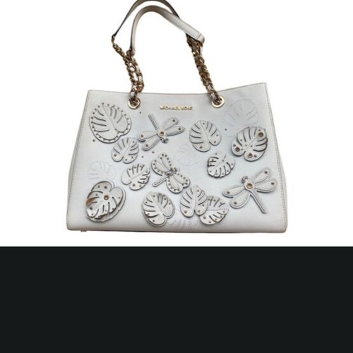 Michael Kors white tote bag with floral and dragonfly details