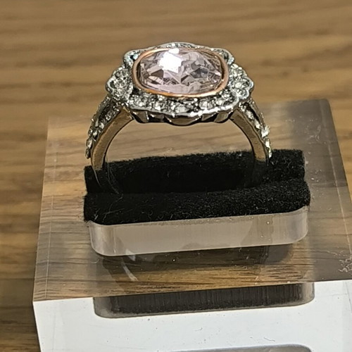 Vintage women's ring with pink stone and white zirconia, silver and rose gold color, new