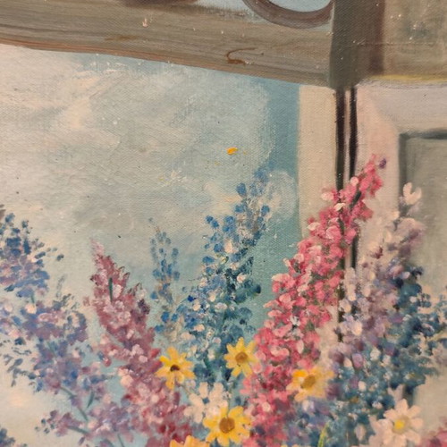 Oil painting on canvas used, flowers in window with wooden frame