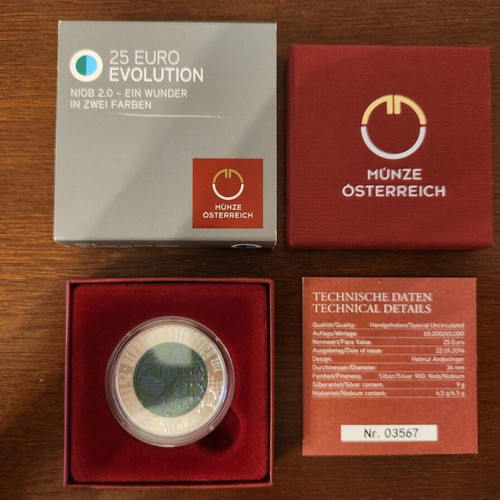 Silver Niobium Coin Austria 25 Euro Evolution 2014 New