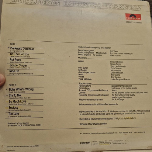 Eric Burdon Darkness Darkness LP used, Greek edition Polydor 1980