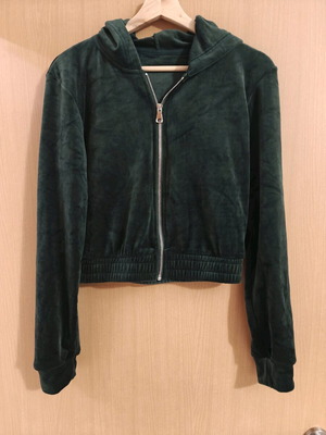Velvet dark green jacket like new with zipper and hood
