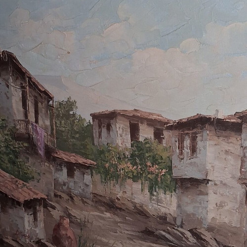 Oil Painting Dimas Traditional Greek Village framed, like new