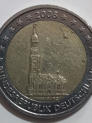 Германия 2008 Hamburg St. Michaelis Kirche колекционерска 2 евро монета употребявана
