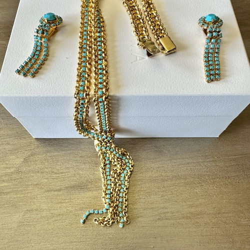 Jewelry set with necklace and earrings from Rhodes in gold and turquoise colors
