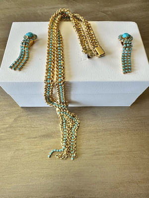 Jewelry set with necklace and earrings from Rhodes in gold and turquoise colors