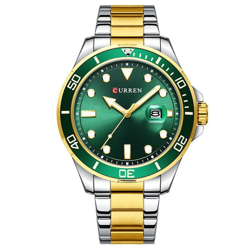 Curren men's watch with battery, green dial, silver/gold bracelet
