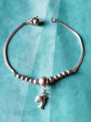 Silver 925 bracelet with dolphin new, chain with beads and bell