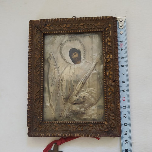 Saint John the Baptist religious icon used, 14 cm, framed with martyrdom ribbon