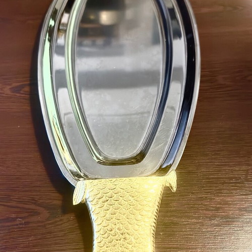 Oval stainless steel serving platter fish-shaped with gold details like new
