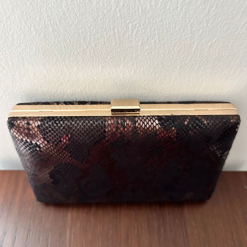 Migato Clutch Snake Print Bag New Brown with Gold Details