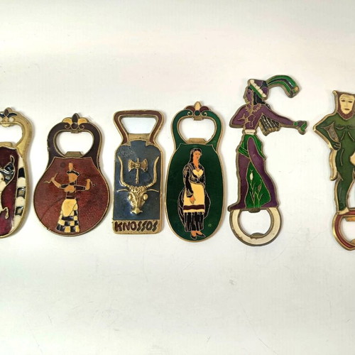 Set of 6 vintage Greek bronze enamel bottle openers from the 1970s
