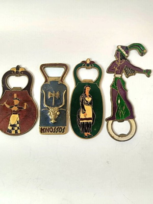 Set of 6 vintage Greek bronze enamel bottle openers from the 1970s