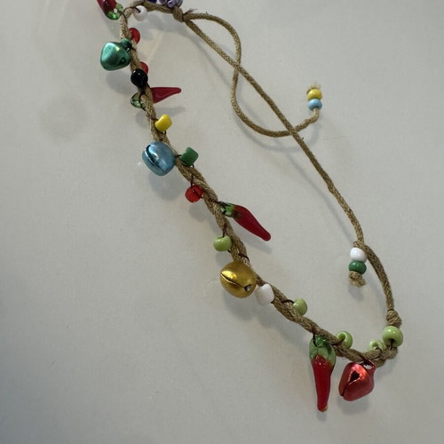 Handmade anklet with beads, bells and chili peppers, like new