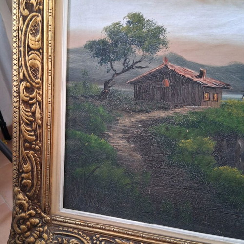 Oil painting "Landscape" with lake, vintage, gold carved frame