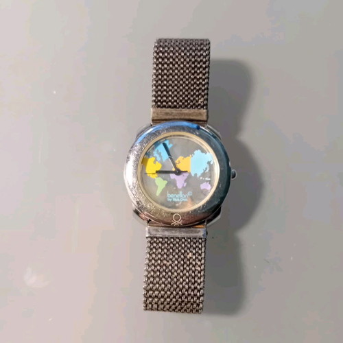 Beneton by Bulova watch used unisex with world map dial and metal mesh bracelet vintage collectible 1980-1990