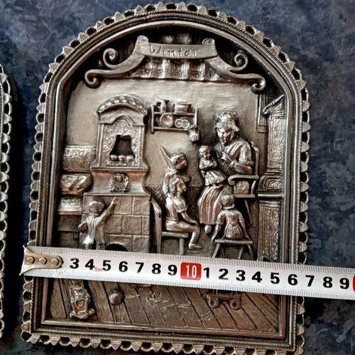 Set of three Zinn relief tin paintings Handarbeit