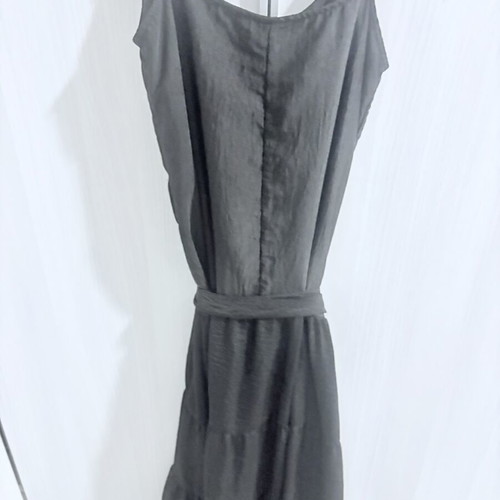 Black satin dress with belt, like new, 3/4 length