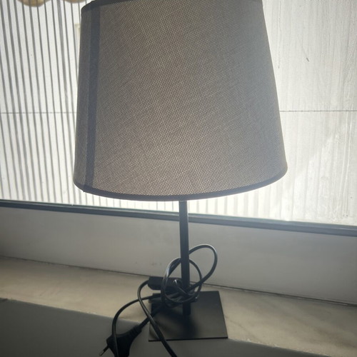 Lampshade with black metal base, beige and brown, used