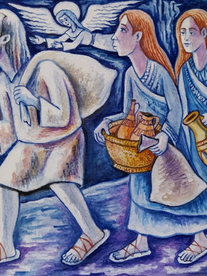 Watercolor painting Lot leaves Sodom and Gomor new