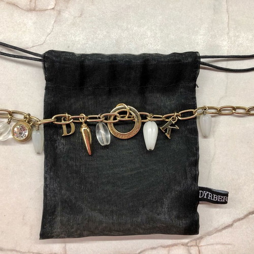Dyrberg/Kern bracelet with charms 20cm like new, gold tone with pouch