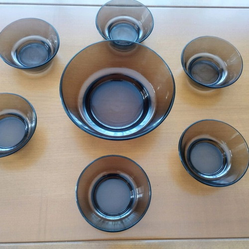 Vereco France 6+1 Bowl Set smoked glass 70s vintage mint condition