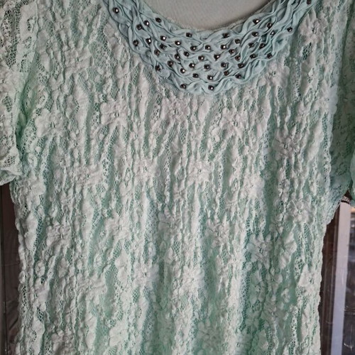 Mint lace blouse C&A with beads on neckline, like new