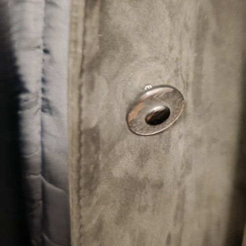 Leather suede coat used, Italian, large, charcoal color with removable fur collar