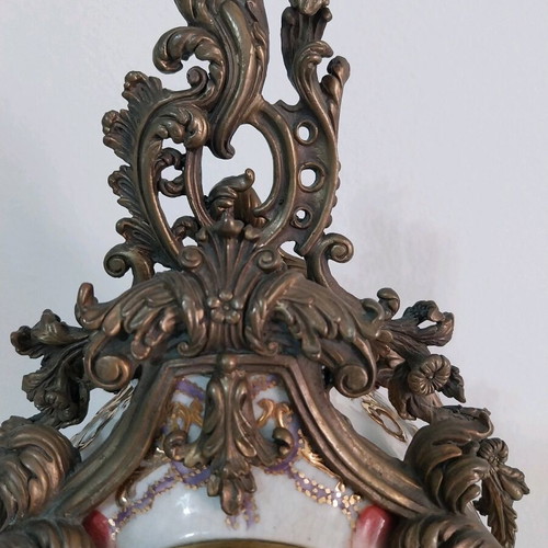 Heavy Bronze Baroque Style Table Clock with Porcelain