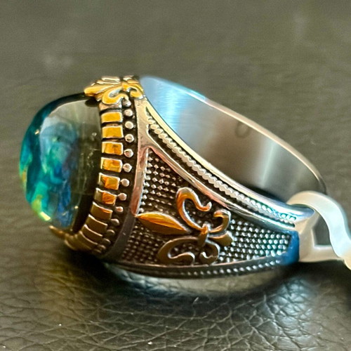 Chameleon Stone Gothic Ring new, stainless steel, green and gold