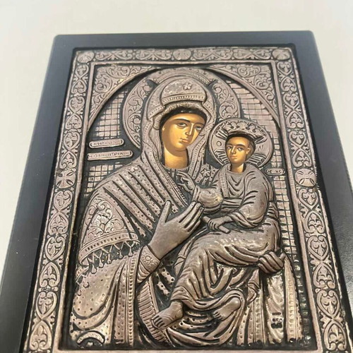 Silver religious icon of Panagia Odigitria used, 23.5x18 cm