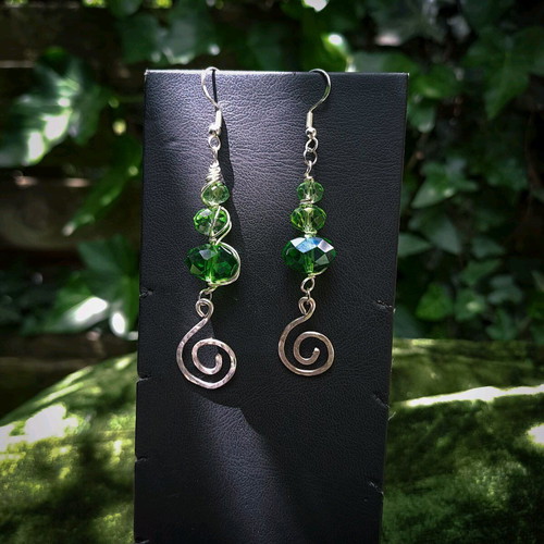 Earrings with green crystals and spiral charms new, silver