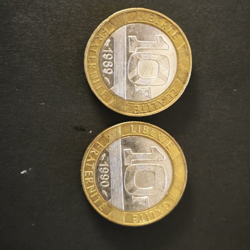 Set of 2 France 10 Francs Bi-Metallic Coins 1989 & 1990