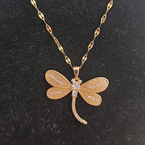 Steel Dragonfly Necklace Gold with Zircon, new