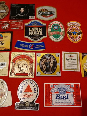 Beer bottle labels from foreign companies like new, pack of 17