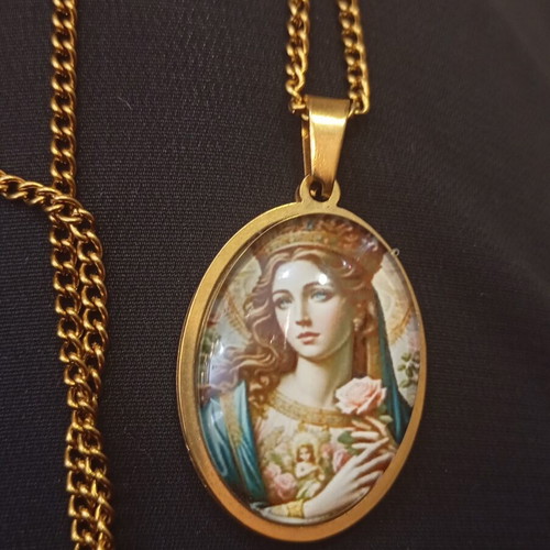 Panagias pendant and chain stainless steel, like new, colorful