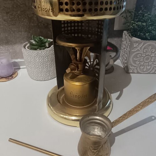 Greek Coffee Maker Set with Theofilos Gas Burner, Briki, and Spoon like new