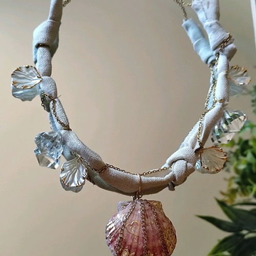 Handmade necklace like new with fabric braid and steel chain