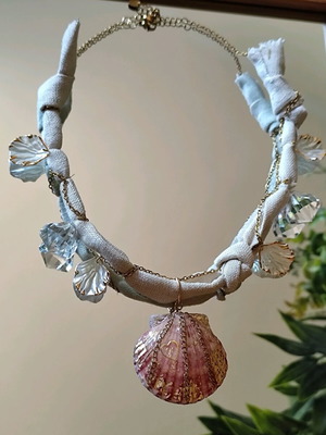 Handmade necklace like new with fabric braid and steel chain